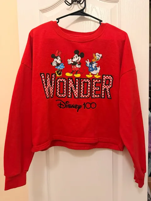 Disney 100 Wonder Sweatshirt Size L Mickey Minnie Donald Red Crop