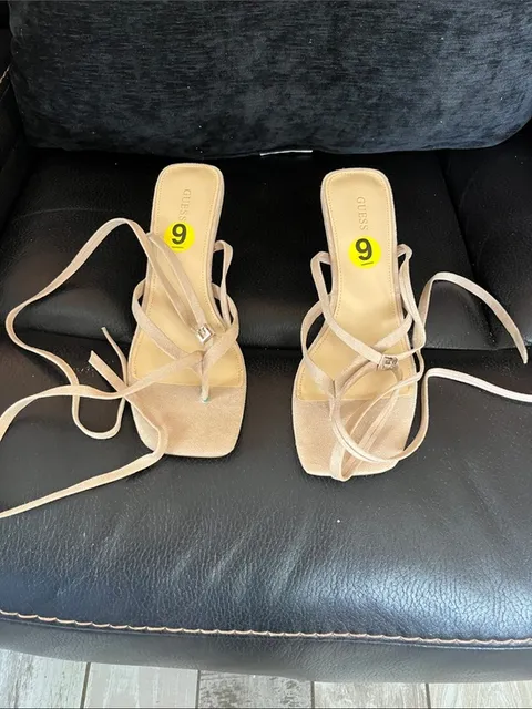 GUESS Neutral Beige Lace-Up Squareop-Toe Heeled Sandals