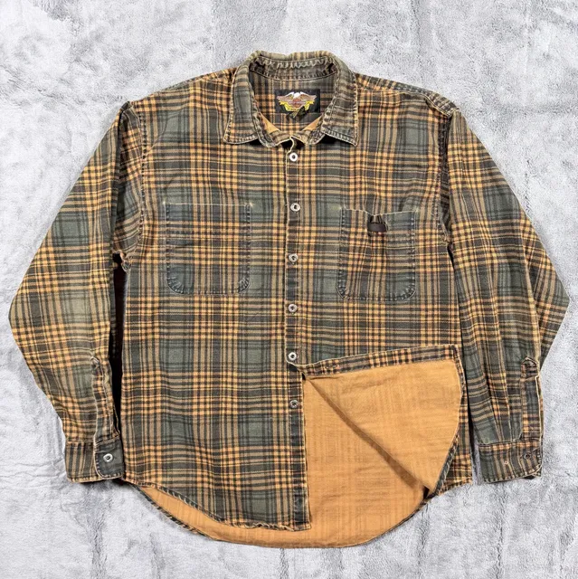 Harley Davidson Plaid Flannel Button Down Shirt Size Large Green Brown