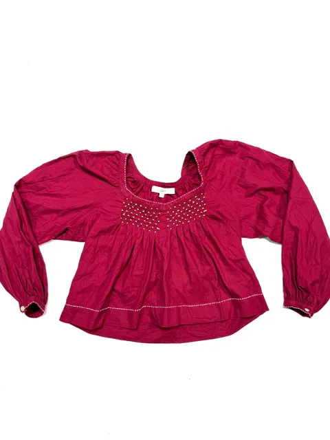 LOFT Women's Blouse XS Cottage-Glam Whimsigoth Fairycore Boho Indie Vanguard Burgundy Smocked Peasant Top Cotton Long Sleeve Puff Sleeve Embroidered Square Neck Cropped