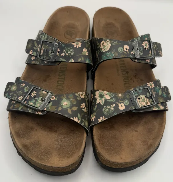 Birkenstock Arizona Sandals Size 37 Floral Black Leather
