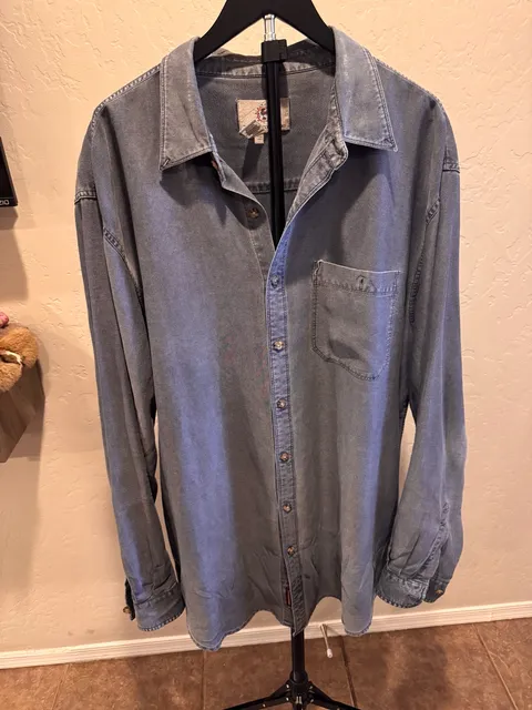 Silk Blend Vintage Crossroads Long Sleeve Button Down Shirt Blue Denim