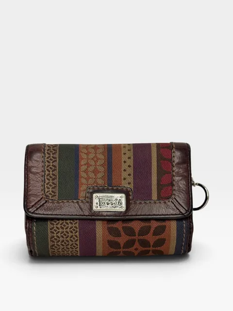 Fossil Multicolor Striped Canvas Trifold Wallet With Brown Leather