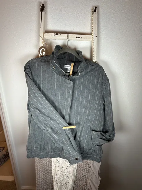 Calvin Klein Pinstripe Jacket Size M Gray Full Zip Stand Collar
