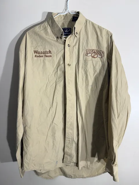 Roper Wasatch Rodeo Team Button Down Shirt Size M Tan Long Sleeve