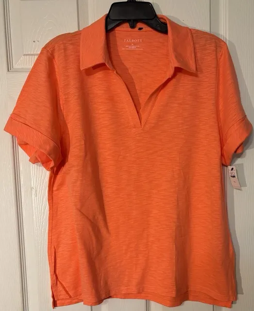 Talbots Slub Knit Polo Shirt Size XL Orange Cotton Blend Short Sleeve