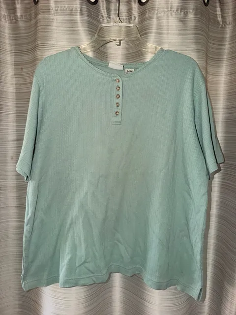 Basic Editions Henley Shirt Size 16/18W Green Short Sleeve