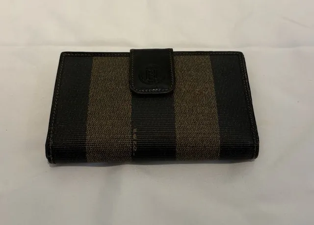 Fendi Pequin Stripe Kiss Lock Wallet Brown Black Canvas Leather with COA