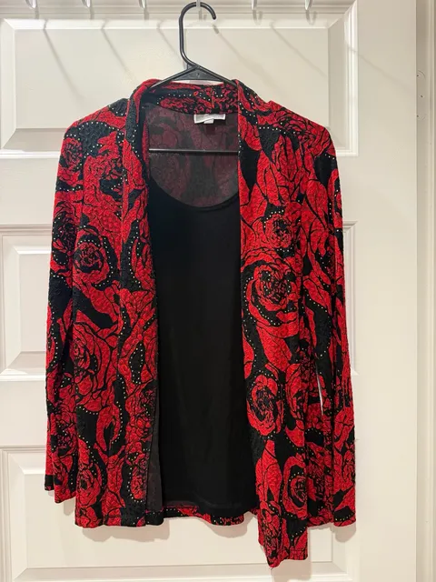 JM Collection Petite Red Black Rose Jacket PM