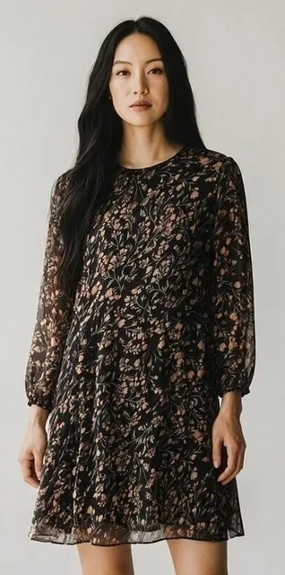 Calvin Klein Floral Dress Size 8 Black Chiffon Long Sleeve