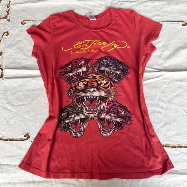 Ed Hardy Tiger T-Shirt Size L Red Graphic Print Vintage Y2K