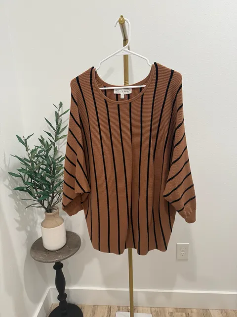 Chelsea & Theodore Striped Sweater Size 2X Brown Black Batwing Sleeve Pullover