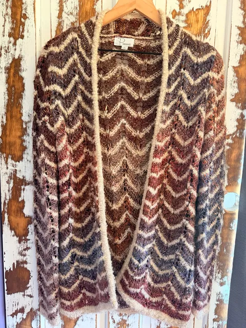 Ponsesa Chunky Knit Open Front Cardigan Size S Multicolor Chevron Hippie Boho