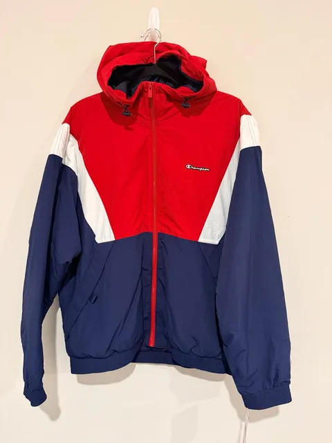 Champion Colorblock Quilted Hooded Jacket Red White Blue. Size Large 