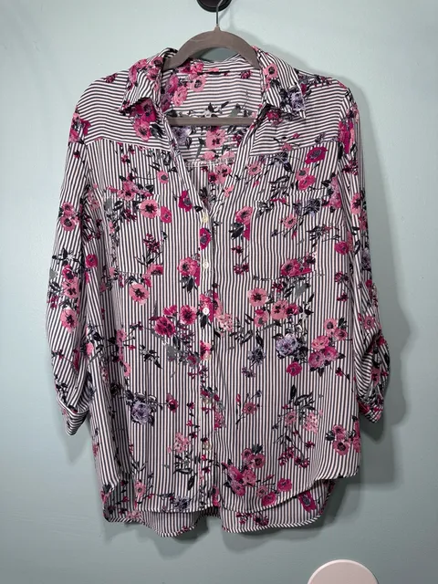 Unbranded Striped Floral Button Down Blouse