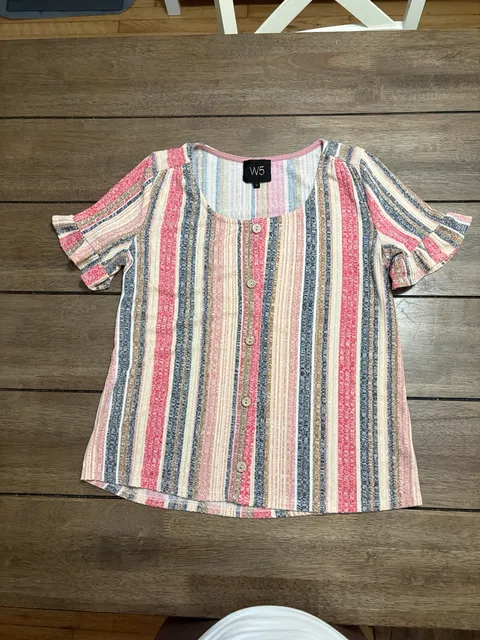 W5 Striped Blouse Size S Multicolor Button Front Ruffle Short Sleeve Top