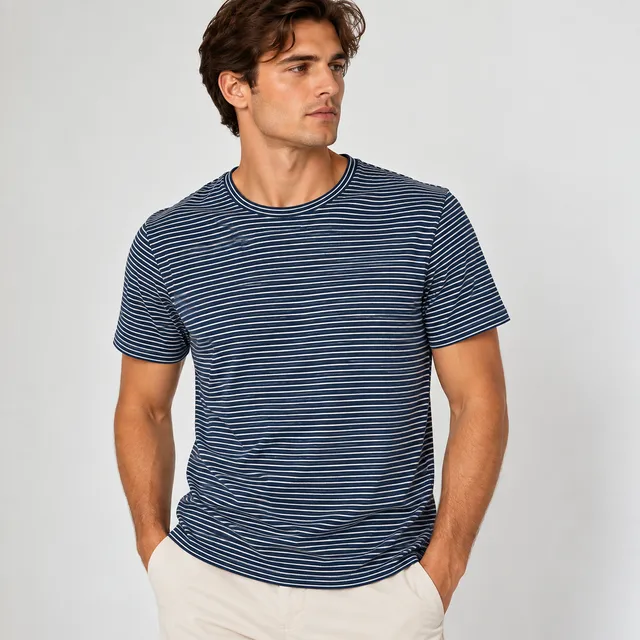 Reiss Striped T-Shirt Size L Navy Blue White Crewneck Short Sleeve