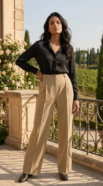 Pinstripe Pleated Wide Leg Pants Tan Black