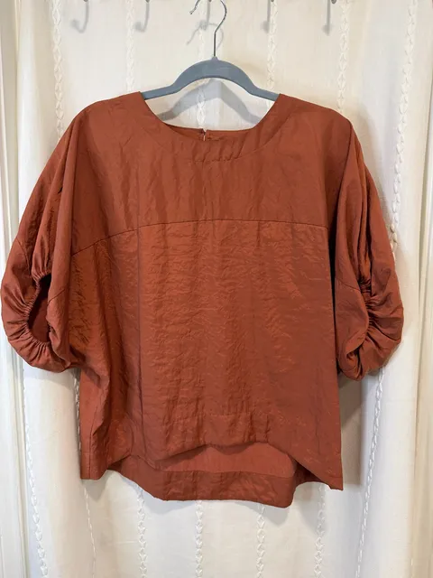 Prologue Womens L Rust Orange Puff Sleeve Blouse Ruched Balloon Sleeve Boho Top