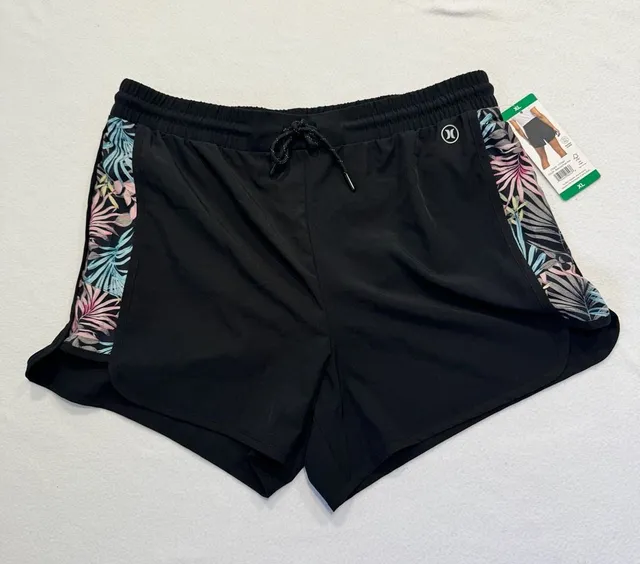Hurley Women’s XL Black Palm Print Running Shorts Built-In Brief NWT