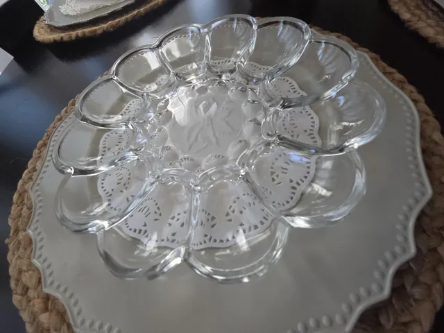 Vintage Clear Glass Egg Plate Poinsettia Center Serving Platter