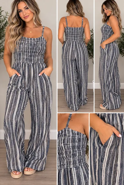 Gap Striped Smocked Wide Leg Jumpsuit Blue White