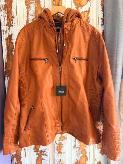 Tagoo Womens Faux Leather Hooded Motorcycle Jacket Size 5XL Brown