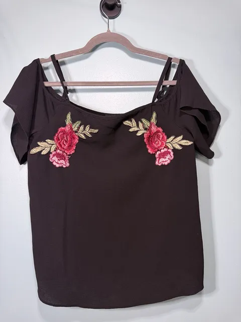 Black Cold Shoulder Embroidered Floral Top