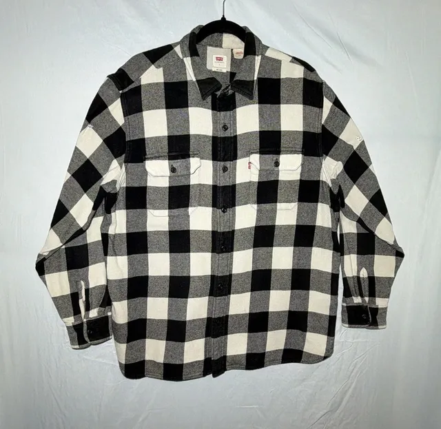 Mens Levi's Black & White Plaid Flannel Long Sleeve Button Up Shirt Size L