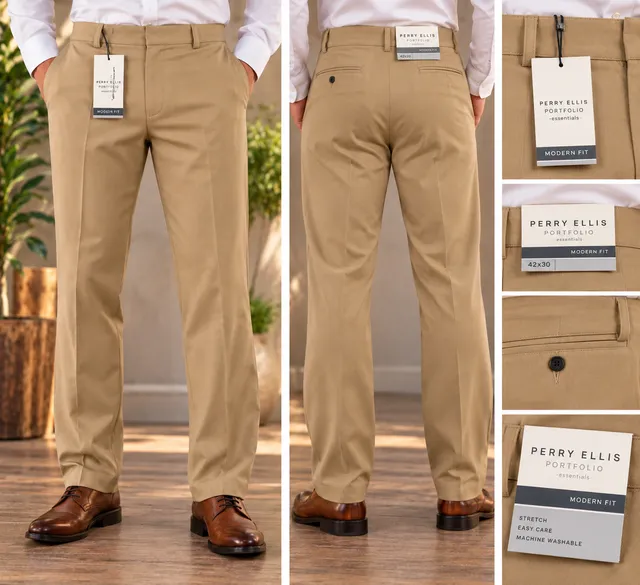 Perry Ellis Portfolio Essentials Pants 42x30 Tan Stretch Modern Fit