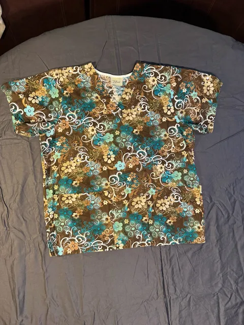 Tafford Floral Scrub Top Brown Teal V-Neck Short Sleeve