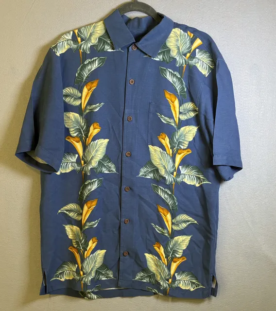 Tommy Bahama Silk Hawaiian Shirt Size M Blue Floral Tropical Camp