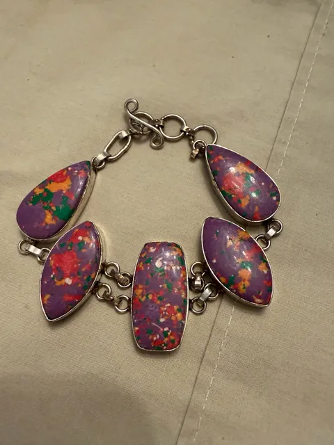 Sterling Silver 925 Purple Multi Color Stone Link Bracelet
