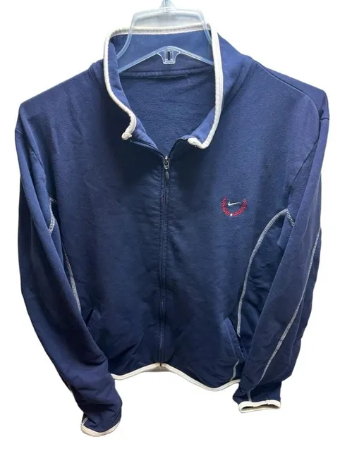 Nike Full Zip Track Jacket Blue Cotton Spandex Wreath Logo Men’s size XL
