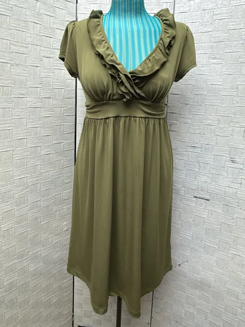 Merona Ruffle V-Neck Dress Size M Olive Green