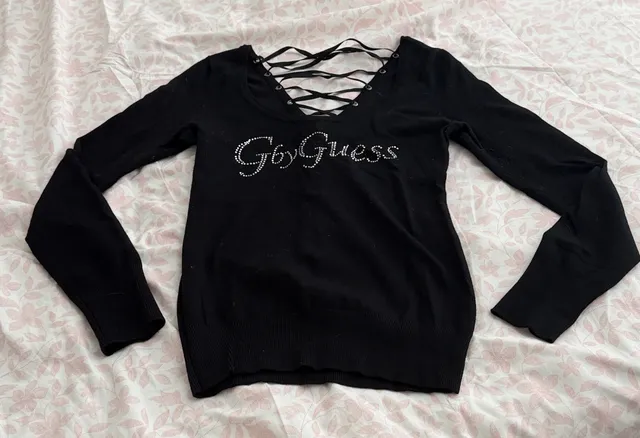 G by Guess Black Rhinestone Logo Laced Back Sweater