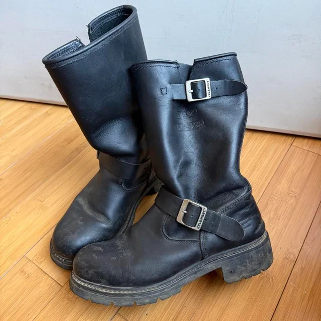 Xelement Black Leather Harness Motorcycle Boots Steel Toe