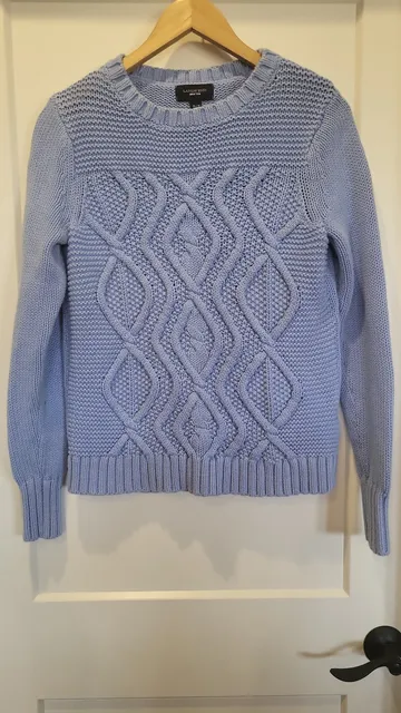 Lands' End Drifter Blue Cotton Heritage Diamond Cable Knit Crewneck Grandma Sweater y2k, size medium tall