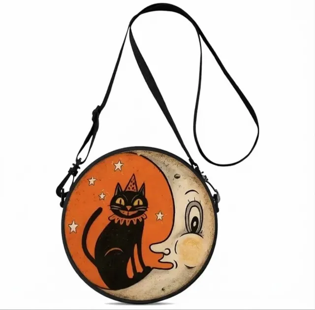 Vintage Halloween Black Cat Moon Round Convertible Backpack Crossbody Bag
