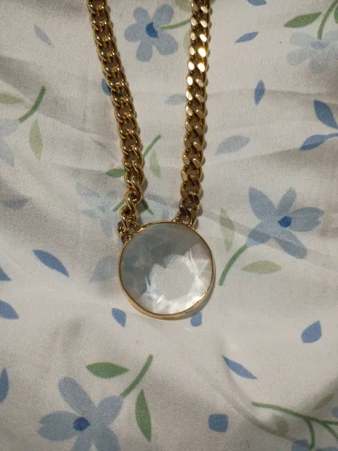 Vintage Gold Tone Curb Chain Faceted Clear Pendant Necklace