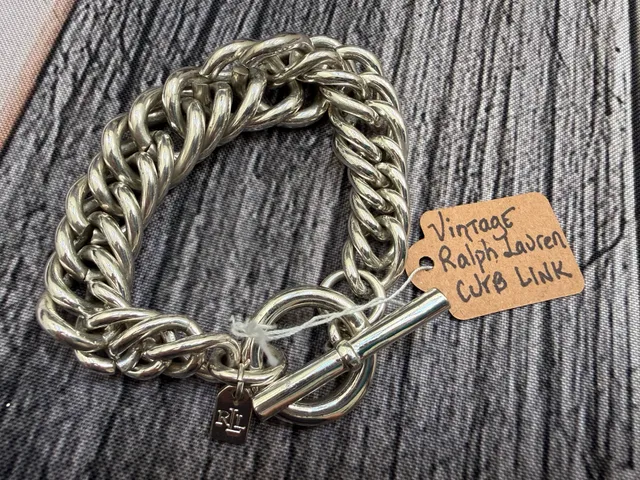 Ralph Lauren Vintage Double Curb Chain Toggle Bracelet Silver Tone