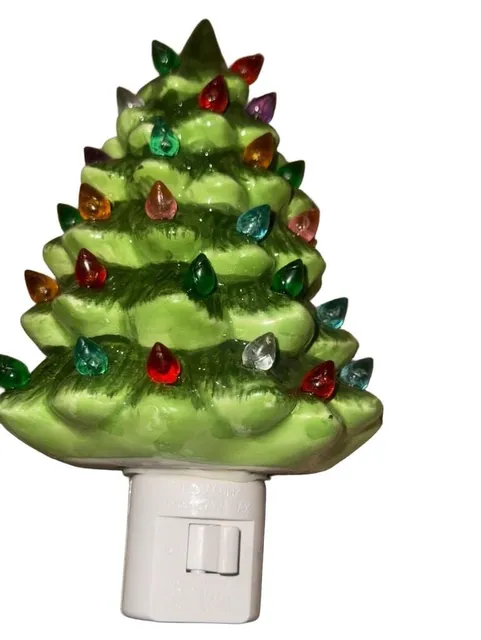 Ceramic Lighted Christmas Tree Night Light Multicolored Bulbs Green