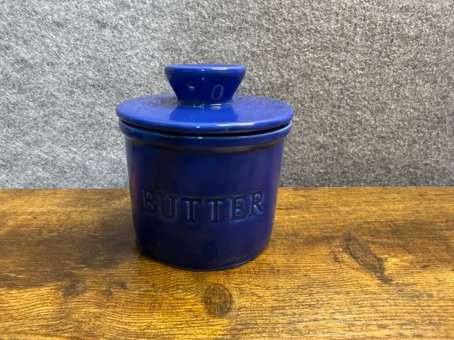 Blue Ceramic Butter Crock French Keeper Bell Deep Blue Embossed