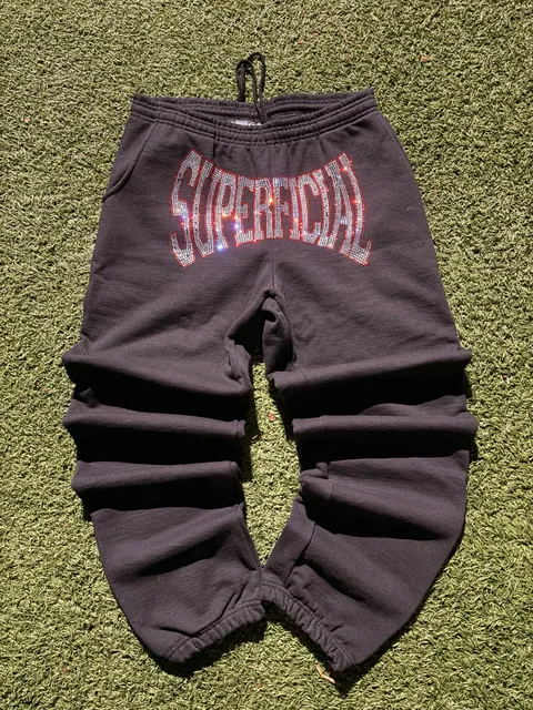 Superficial Rhinestone Graphic Sweatpants Black