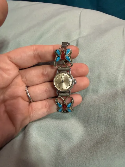 Timex Vintage 17 Jewels w/Turquoise & Coral Native Butterfly Inlay Stretch Watch