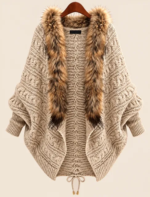 Unbranded Cable Knit Cardigan With Faux Fur Collar Beige