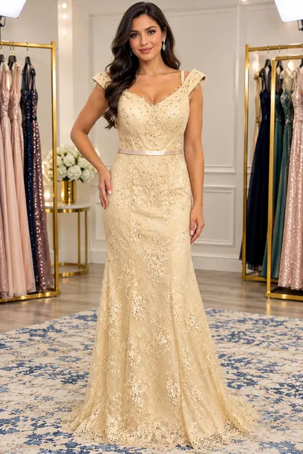 Morilee Champagne Lace Mermaid Evening Dress. . Missing Label