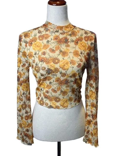Little Daisy Floral Bell Sleeve Mesh Crop Top Yellow Orange