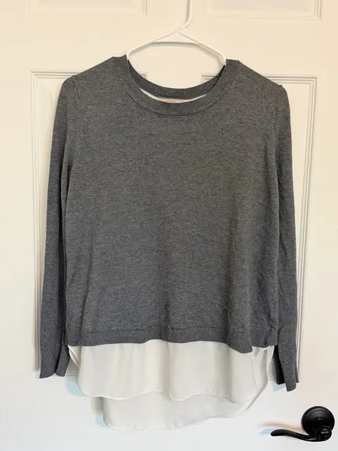 Loft Layered Sweater MP Gray White Mock Shirt Tail Open Back