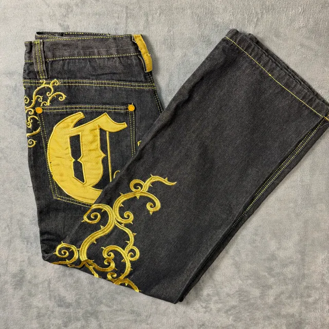 Vintage COOGI Heritage Baggy Denim Jeans Black Gold Embroidered W34 Y2K Rap